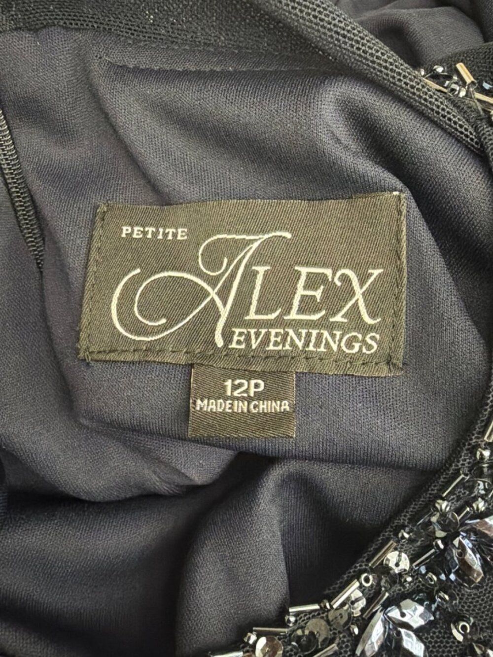 Alex Evening Illusion Beaded Navy Ruched Dress Size 12P - Picture 12 of 12